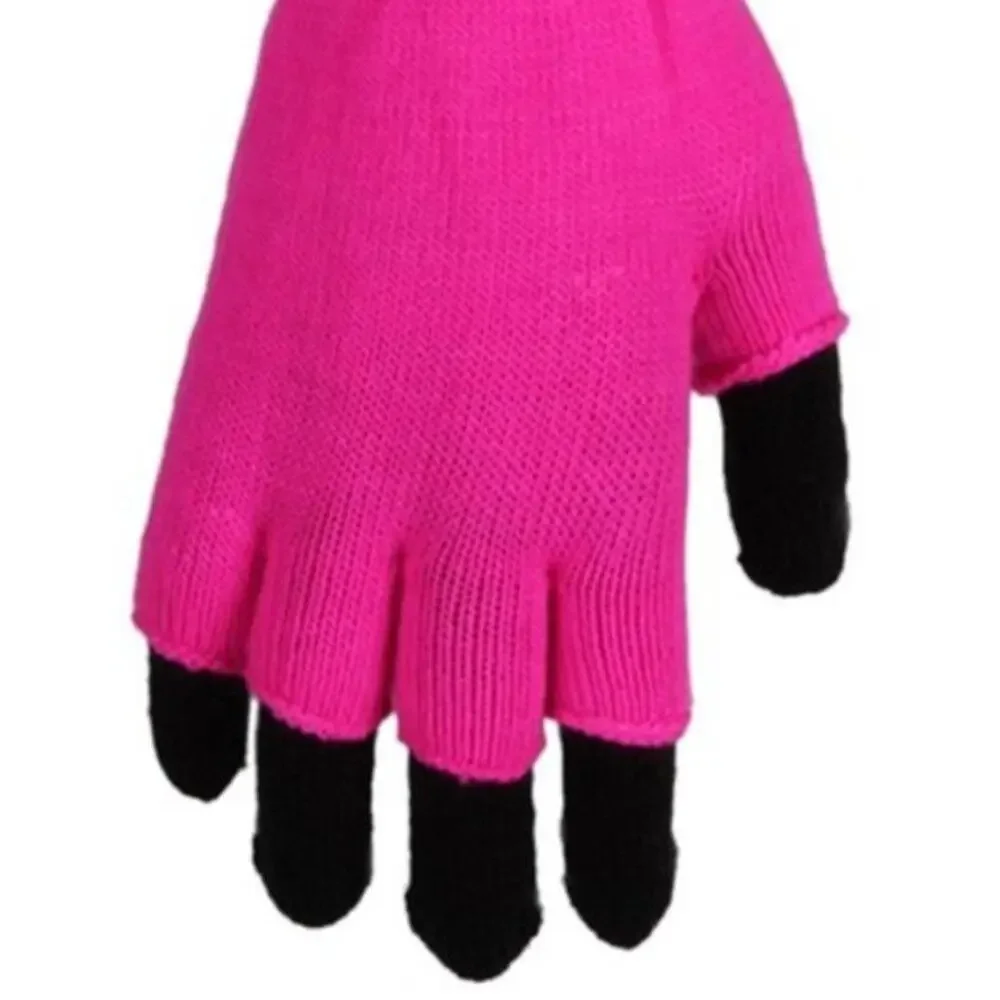 Stasia Neon Pink: Double Layered Knit Fingerless + black Finger Gloves OSFM
